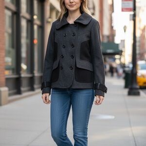 Guess Wool Blend Colorblock Pea Coat Jacket Women M Grey Black Long Sleeve Retro